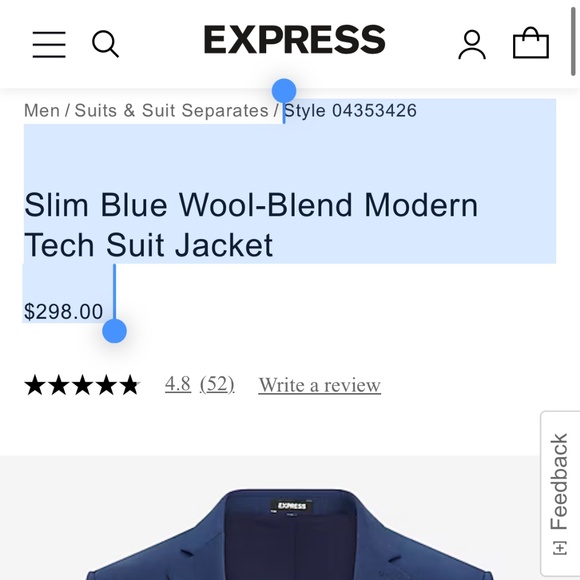 Express - Slim Blue Modern Tech Suit - 38S Jacket, 30x30 Pants - Picture 9 of 11